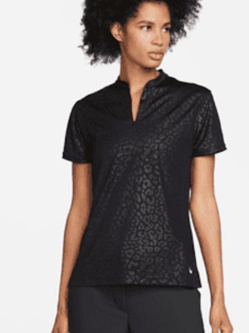 Nike Black Short-Sleeve Notch-Neck Tee with Subtle Leopard Jacquard